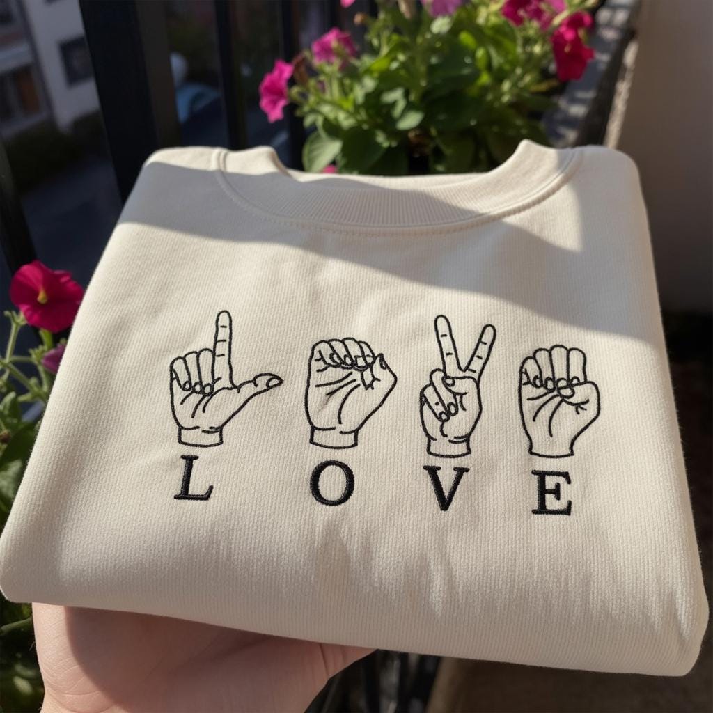 ASL Love Sign Embroidered Sweatshirt, Pastel Blue Jumper
