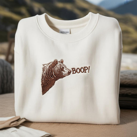 Embroidered Boop! Bear Sweatshirt, Camping Mountain Crewneck