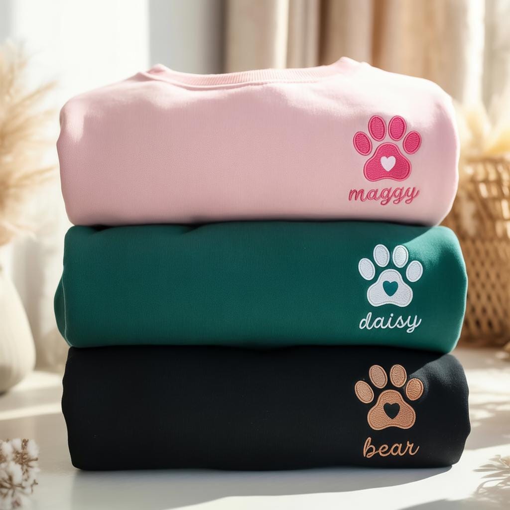 Embroidered Custom Paw Heart Sweatshirt, Personalized Pet Name Crewneck, Dog Mom Shirt, Cat Mama Gift, Pet Memorial, Animal Lover Gift