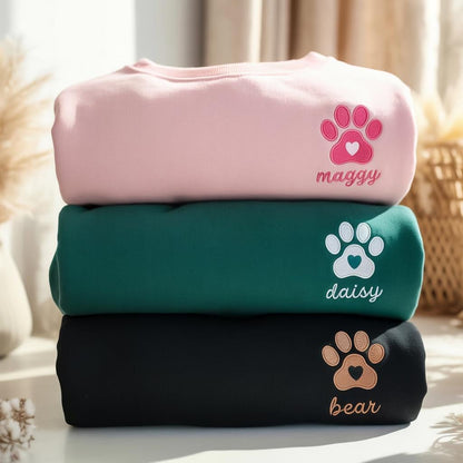 Embroidered Custom Paw Heart Sweatshirt, Personalized Pet Name Crewneck, Dog Mom Shirt, Cat Mama Gift, Pet Memorial, Animal Lover Gift