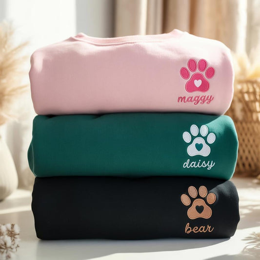 Embroidered Custom Paw Heart Sweatshirt, Personalized Pet Name Crewneck, Dog Mom Shirt, Cat Mama Gift, Pet Memorial, Animal Lover Gift