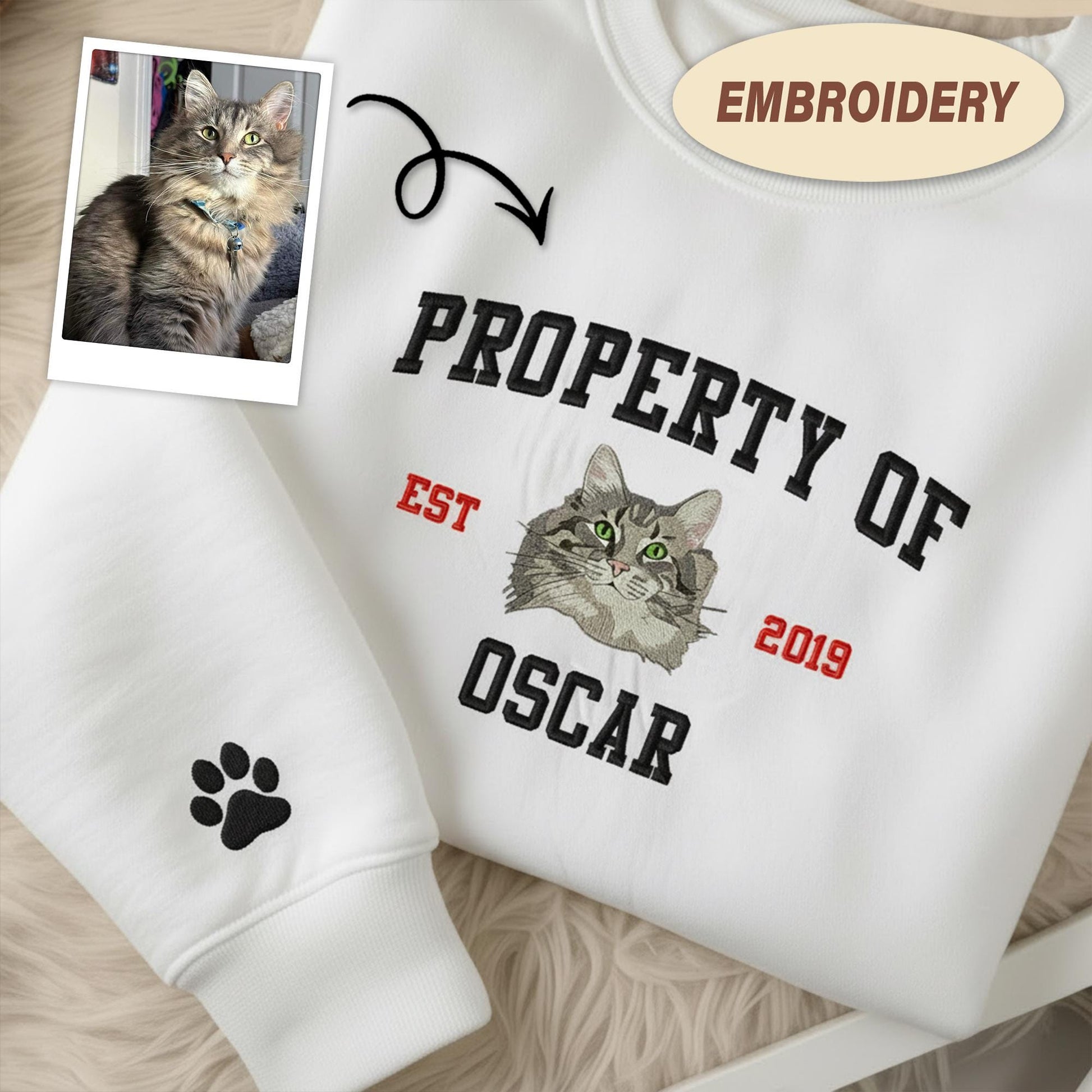 Custom Cat Embroidered Sweatshirt, Personalized Pet Portrait Crewneck with Cat Face and Name, Vintage Kitty Mom Sweater, Custom Pet Gift