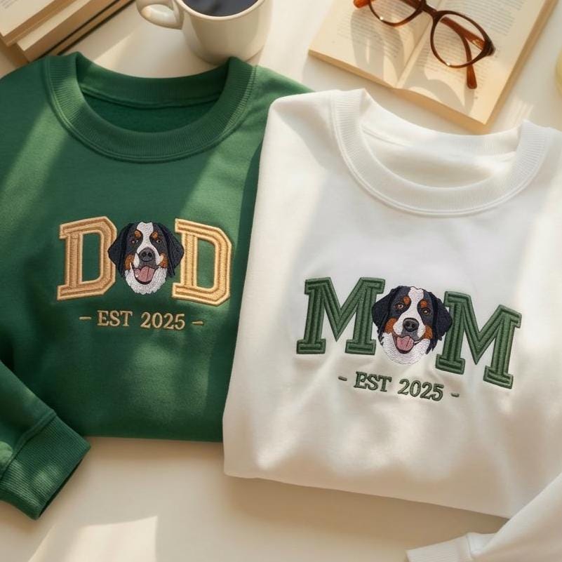 Embroidered Dog Mom Dad Sweatshirt, Custom Pet Portrait Varsity Crewneck, Mother’s Day Gift for Dog Lovers, Personalized Dog Gift