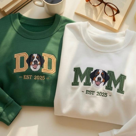 Embroidered Dog Mom Dad Sweatshirt, Custom Pet Portrait Varsity Crewneck, Mother’s Day Gift for Dog Lovers, Personalized Dog Gift