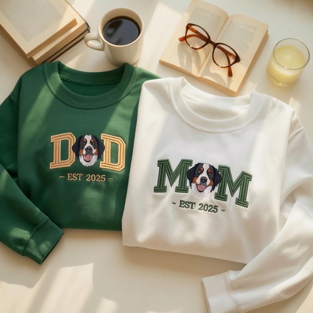 Embroidered Dog Mom Dad Sweatshirt, Custom Pet Portrait Varsity Crewneck, Mother’s Day Gift for Dog Lovers, Personalized Dog Gift