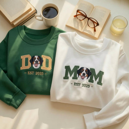 Embroidered Dog Mom Dad Sweatshirt, Custom Pet Portrait Varsity Crewneck, Mother’s Day Gift for Dog Lovers, Personalized Dog Gift
