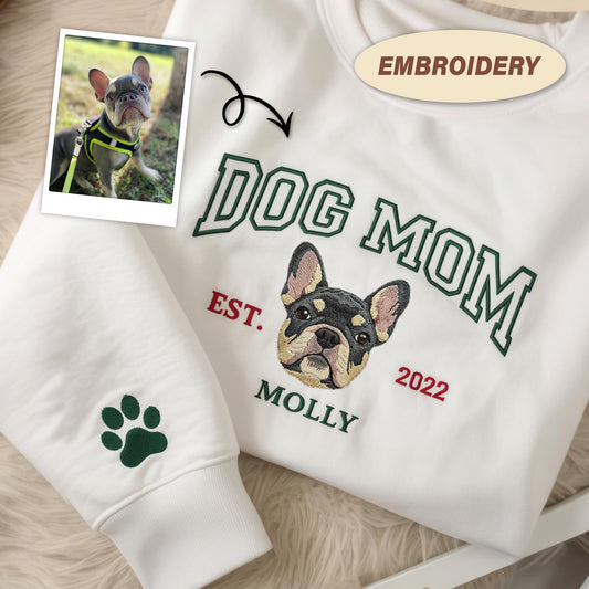 Embroidered Dog Mom Dad Sweatshirt, Custom Pet Portrait Varsity Shirt, Dog Mama Shirt, Cat Mama Sweater, Pet Memorial Remembrance, Dog Mom