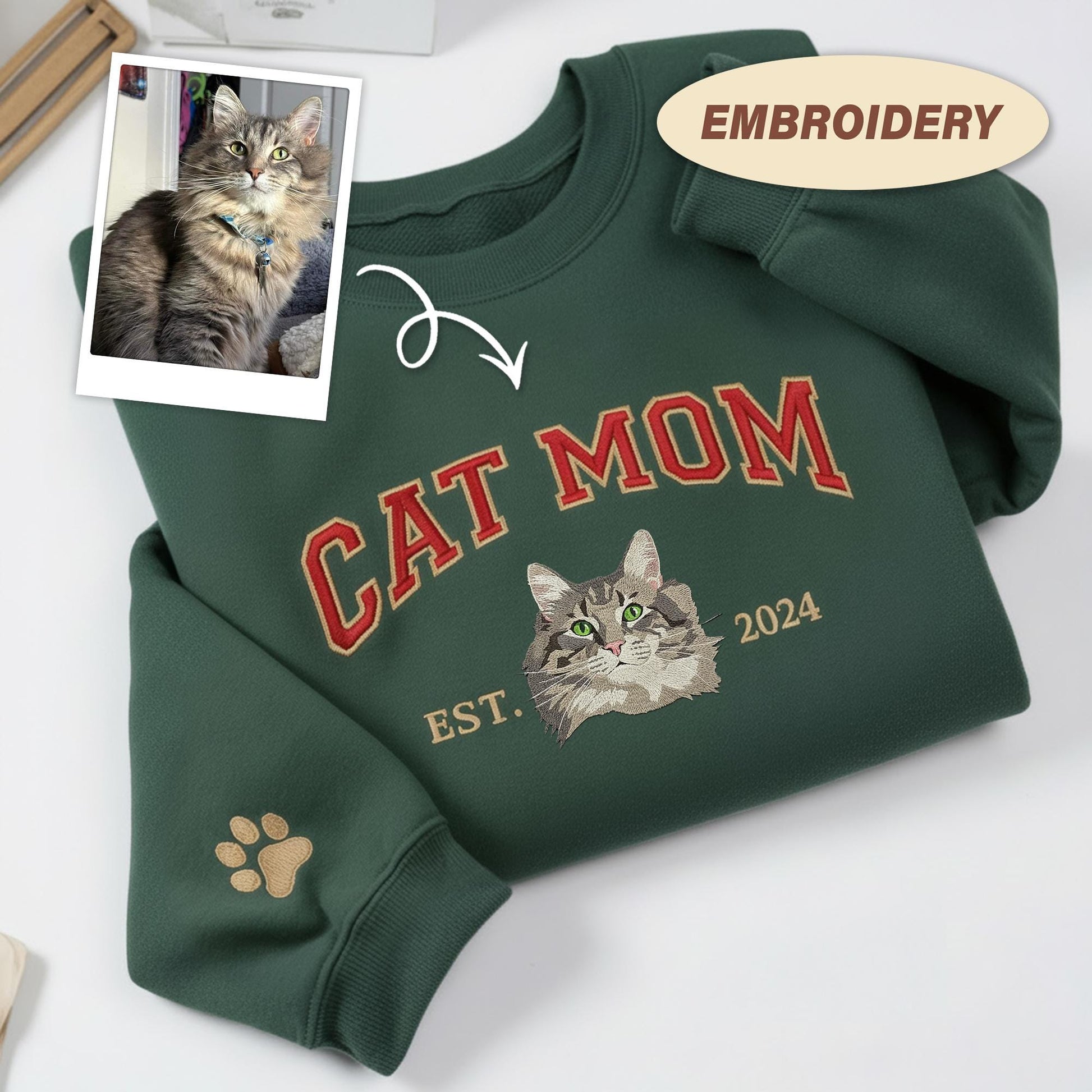 Custom Cat Mom Sweatshirt, Embroidered Pet Portrait From Photo Shirt, Varsity Crewneck, Paw On Sleeve, Personalized Cat Gift, Est Date Shirt