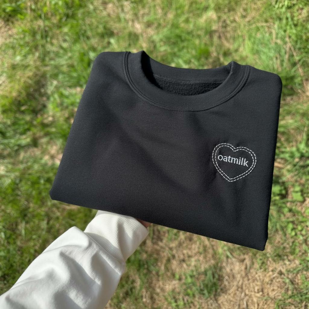 Oat Milk Embroidered Sweatshirt, Minimalist Vegan Crewneck