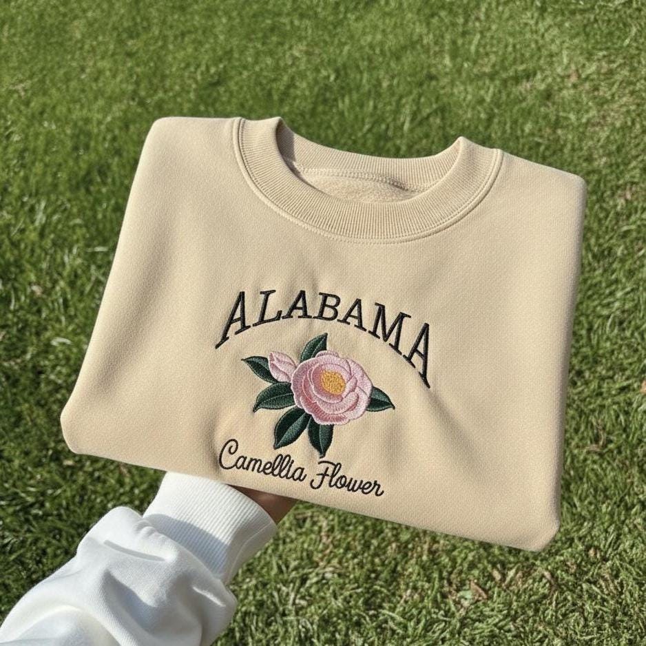 Alabama State Flower Embroidered Crewneck, Camellia Blossom Sweatshirt, Alabama Floral Souvenir Gift