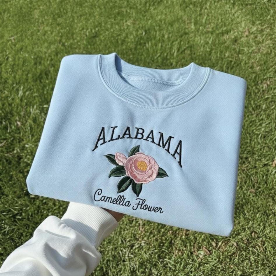 Alabama State Flower Embroidered Crewneck, Camellia Blossom Sweatshirt, Alabama Floral Souvenir Gift