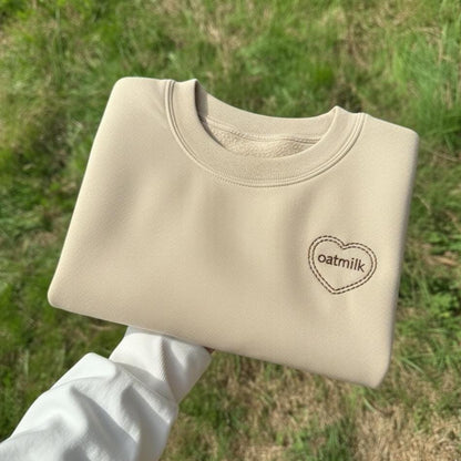 Oat Milk Embroidered Sweatshirt, Minimalist Vegan Crewneck