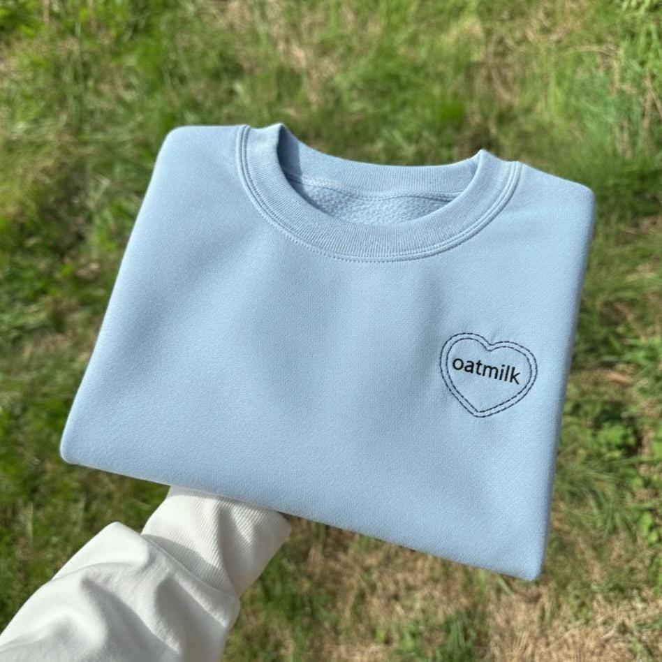 Oat Milk Embroidered Sweatshirt, Minimalist Vegan Crewneck