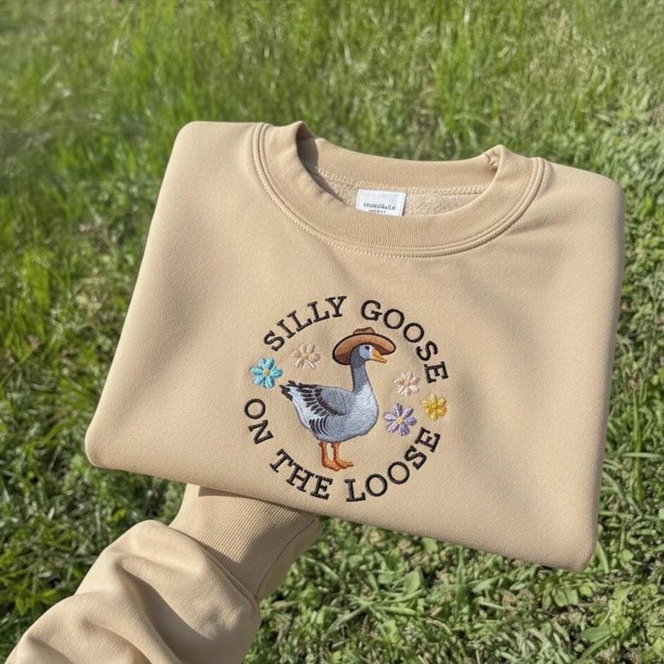 Embroidered Silly Goose Sweatshirt, Funny Animal Crewneck