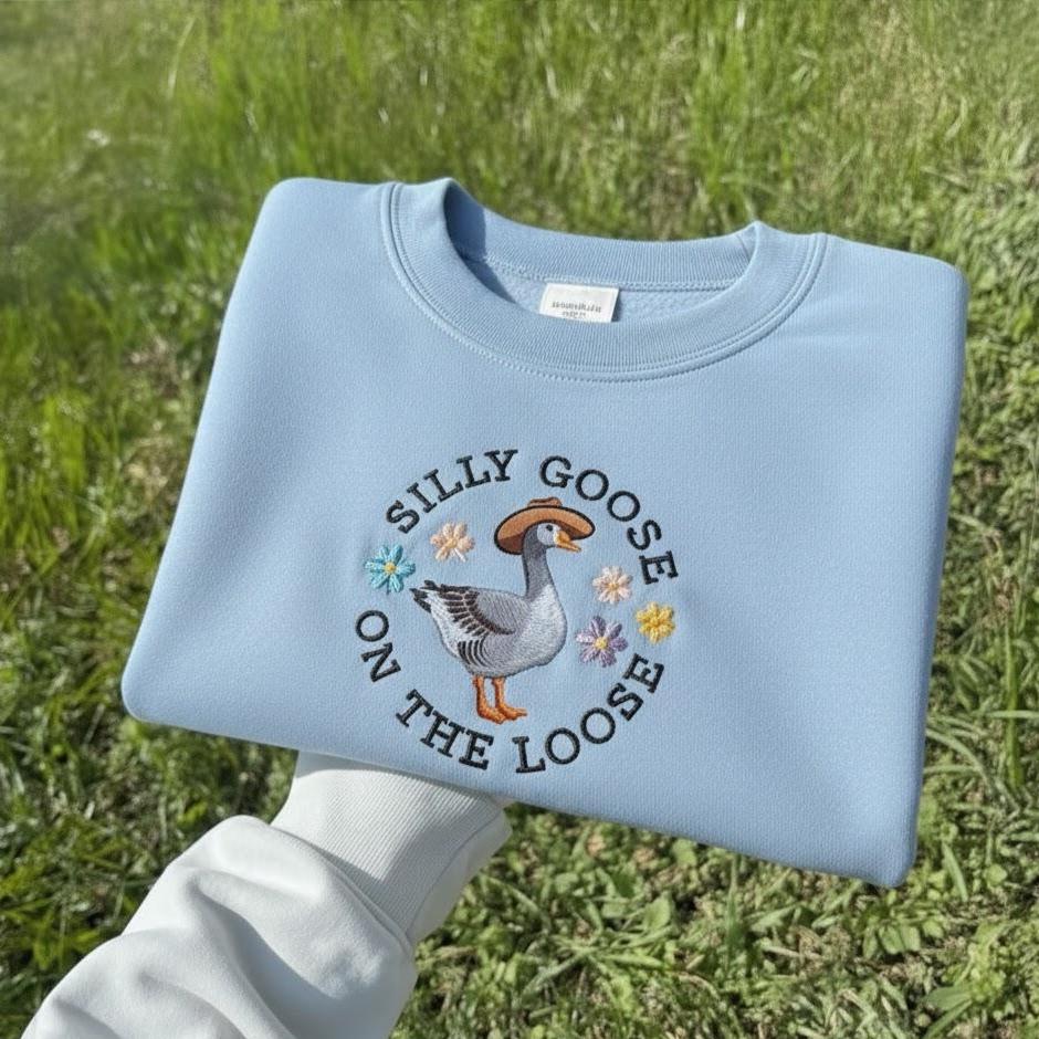 Embroidered Silly Goose Sweatshirt, Funny Animal Crewneck