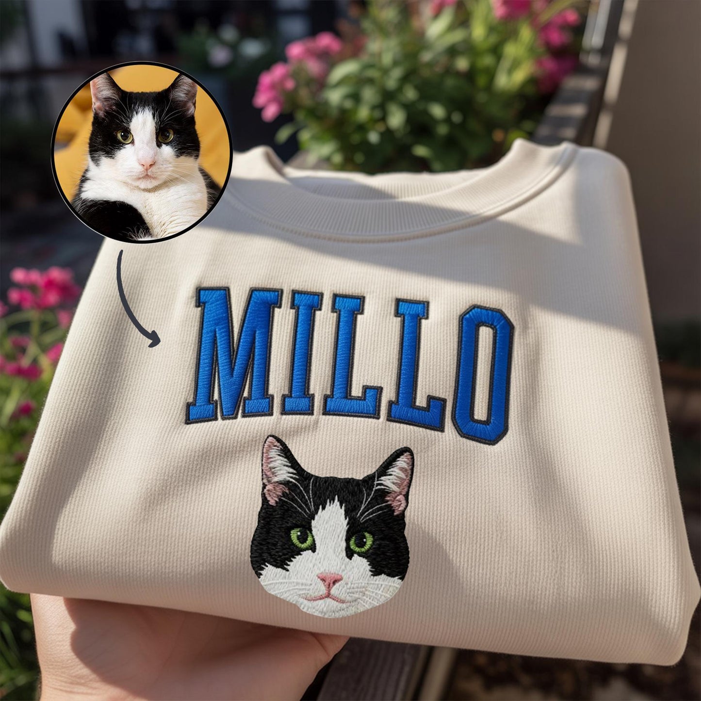 Custom Pet Portrait Embroidered Sweatshirt, Dog Cat Memorial Gift