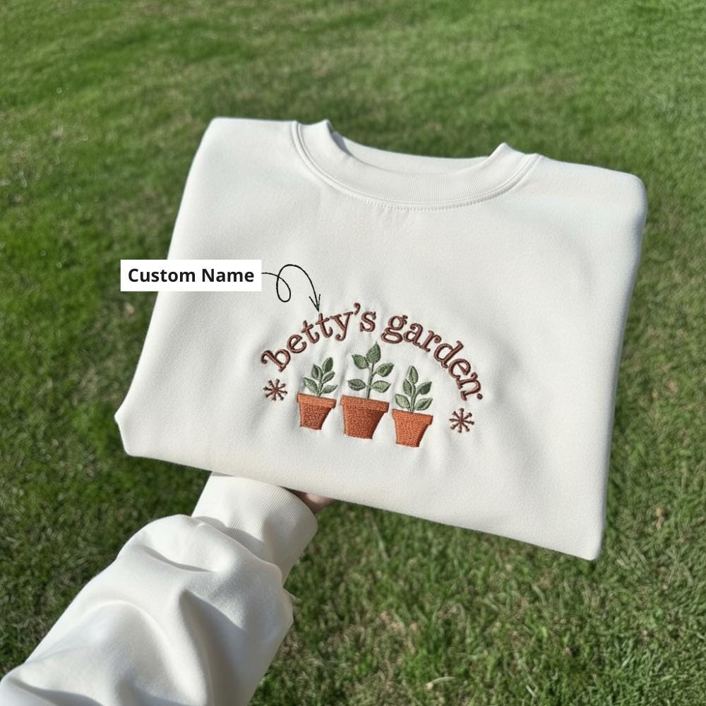 Custom Name Embroidered Sweatshirt, Floral Garden Crewneck, Personalized Gift