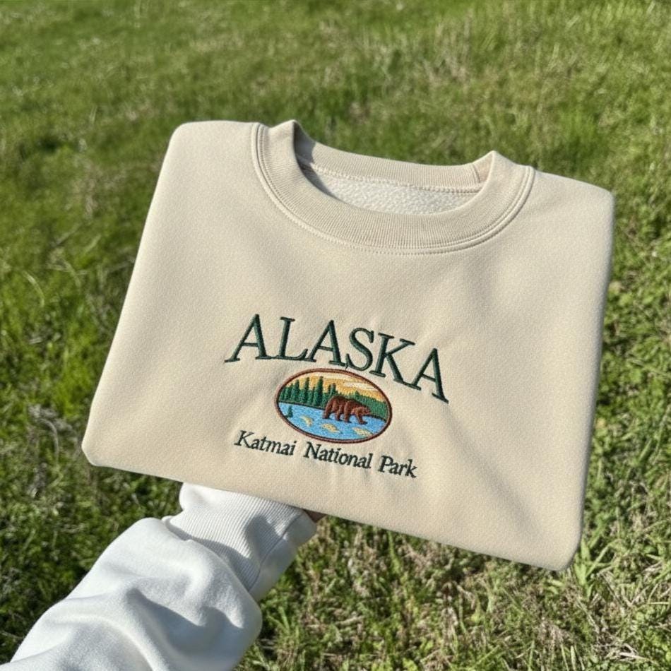 Alaska Katmai National Park Embroidered Sweatshirt, Vintage Style