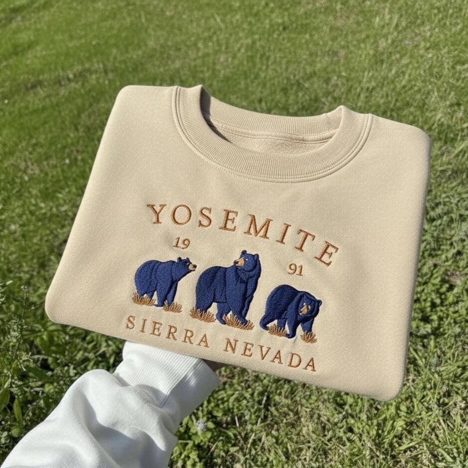 Yosemite Embroidered Sweatshirt, Sierra Nevada Bear Crewneck, Yosemite National Park Wildlife Souvenir Gift