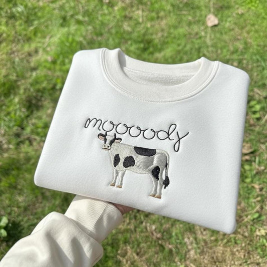 Embroidered Cow Sweatshirt, Moody Farm Animal Crewneck
