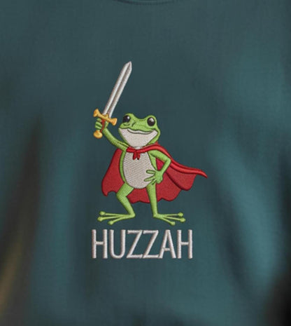 Huzzah Embroidered Frog Knight Sweatshirt, Funny Frog Meme Shirt, Cute Animal Crewneck, Fantasy Sword Top
