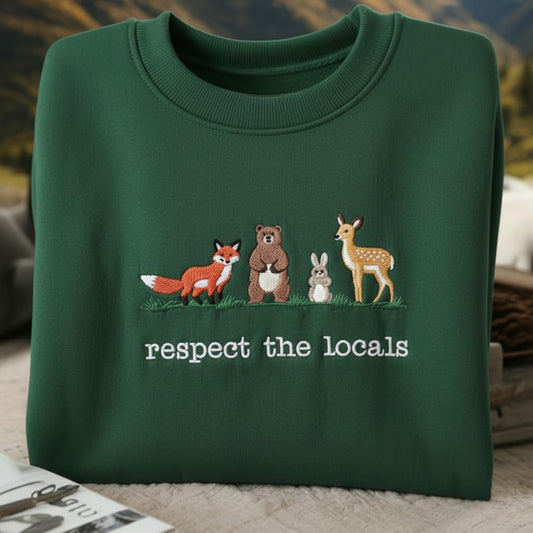 Respect The Locals Embroidered Sweatshirt, Wildlife Forest Friends Crewneck, Outdoor Camping Nature Lover Gift, Cottagecore Aesthetic Tee