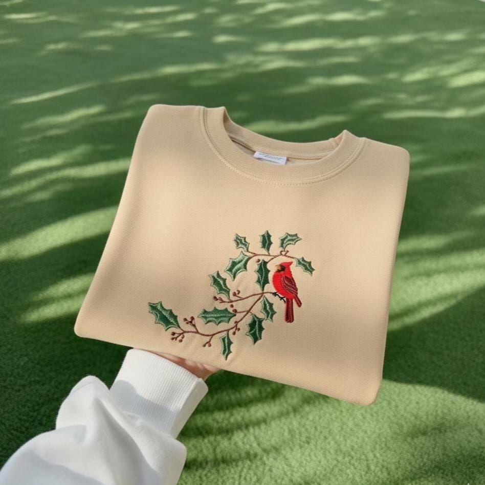 Embroidered Cardinal Sweatshirt, Red Bird Crewneck, Nature Gift