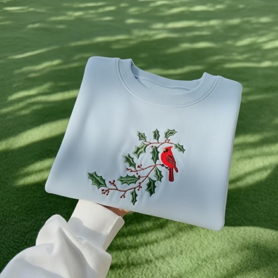 Embroidered Cardinal Sweatshirt, Red Bird Crewneck, Nature Gift