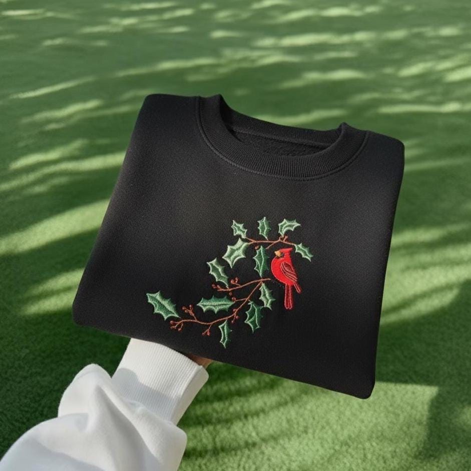 Embroidered Cardinal Sweatshirt, Red Bird Crewneck, Nature Gift