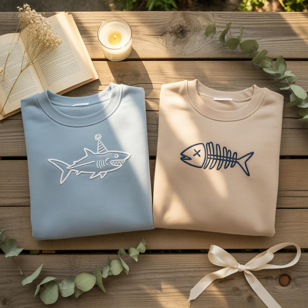 Embroidered Shark & Fishbone Sweatshirt Set, Couple Matching Crewneck