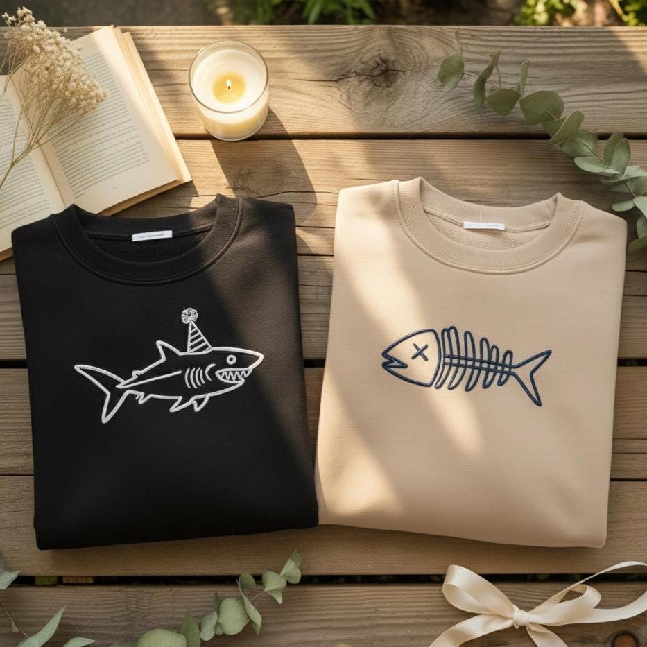 Embroidered Shark & Fishbone Sweatshirt Set, Couple Matching Crewneck
