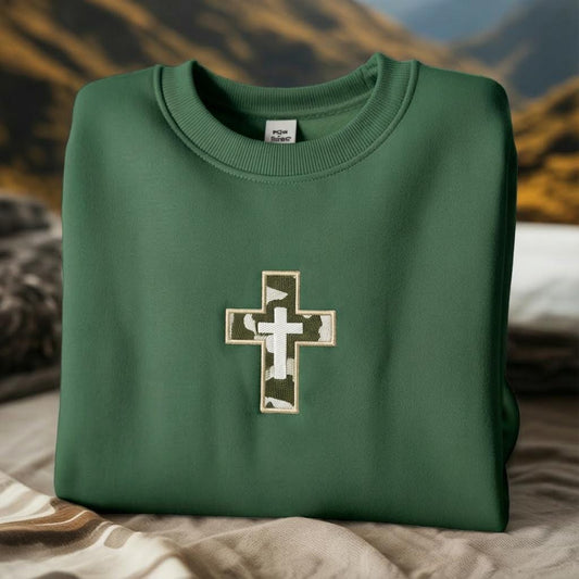 Embroidered Christian Cross Sweatshirt, Camo Hunting Shirt