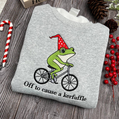 Shirt Funny Frog Embroidered Shirt, Off to Cause a Kerfuffle Frog Embroidery Shirt, Cute Funny Frog Gift