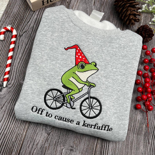 Shirt Funny Frog Embroidered Shirt, Off to Cause a Kerfuffle Frog Embroidery Shirt, Cute Funny Frog Gift