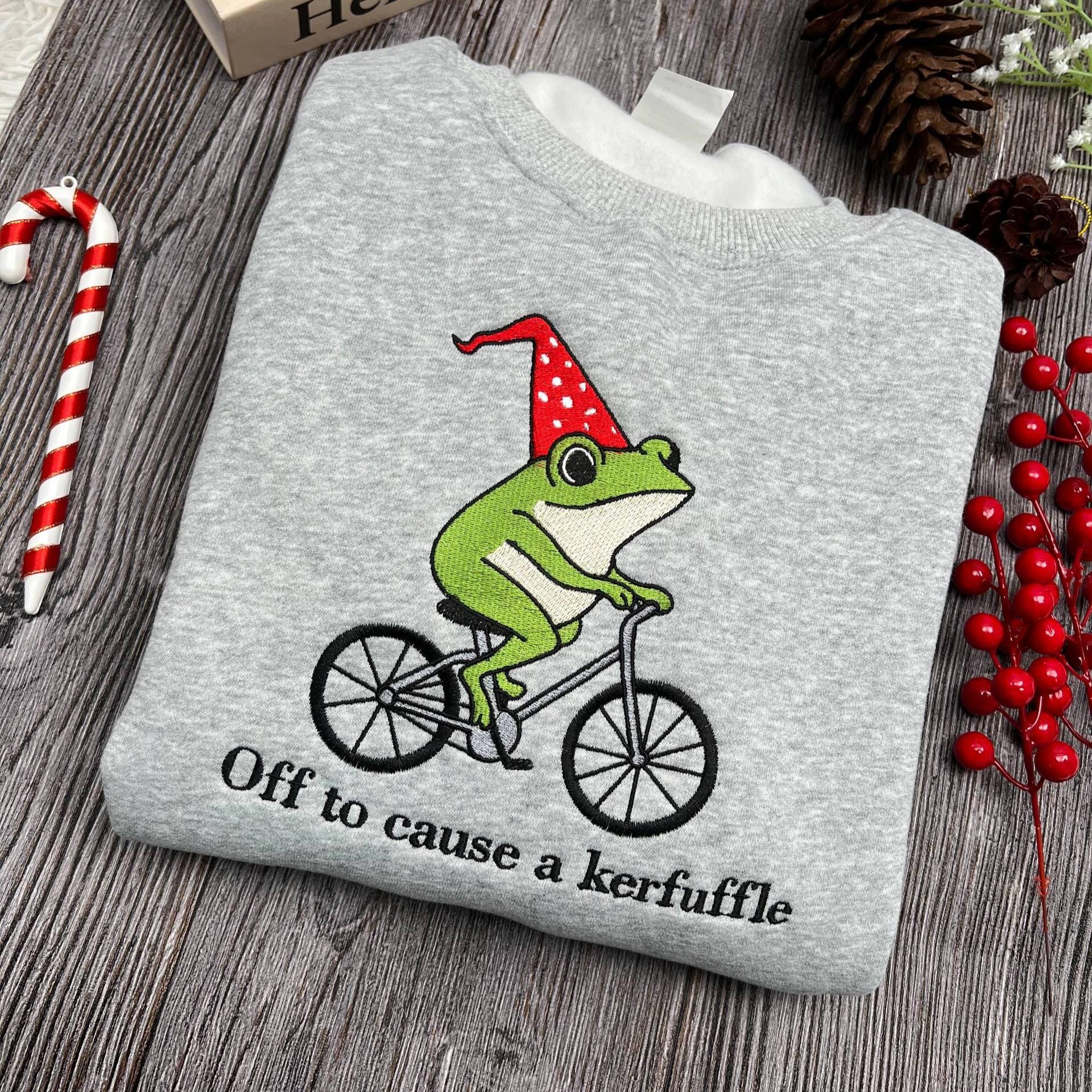 Funny Frog Embroidered T-Shirt, Off to Cause a Kerfuffle Comfort Colors Embroidery Tee, Cute Funny Frog Embroidered Shirt Gift