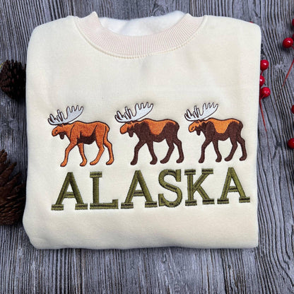 Alaska Embroidered Sweatshirt, Moose Design Crewneck, Cozy Wilderness Sweater, Nature Lover Gift