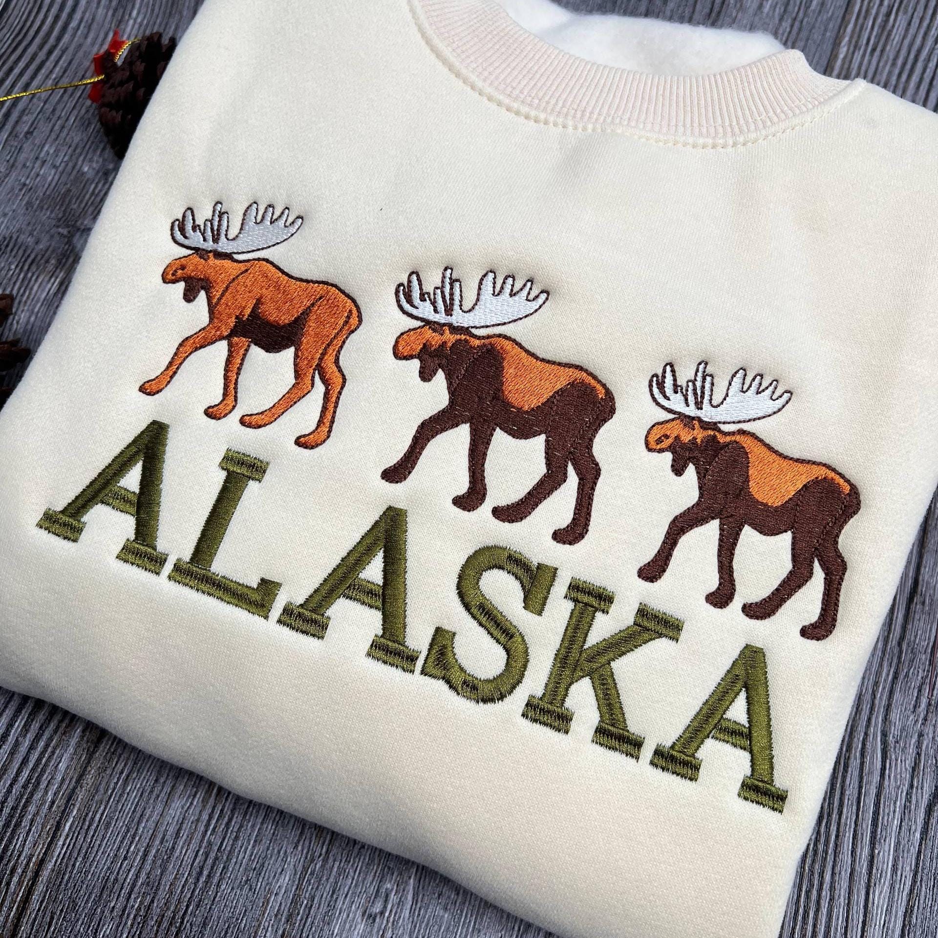 Alaska Embroidered Sweatshirt, Moose Design Crewneck, Cozy Wilderness Sweater, Nature Lover Gift