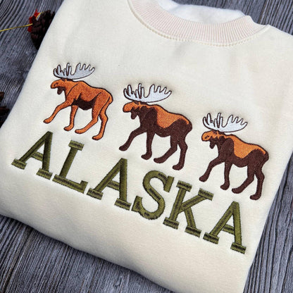 Alaska Embroidered Sweatshirt, Moose Design Crewneck, Cozy Wilderness Sweater, Nature Lover Gift