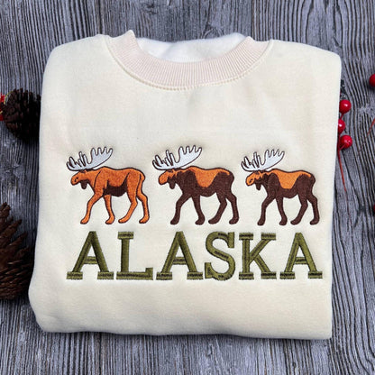 Alaska Embroidered Sweatshirt, Moose Design Crewneck, Cozy Wilderness Sweater, Nature Lover Gift