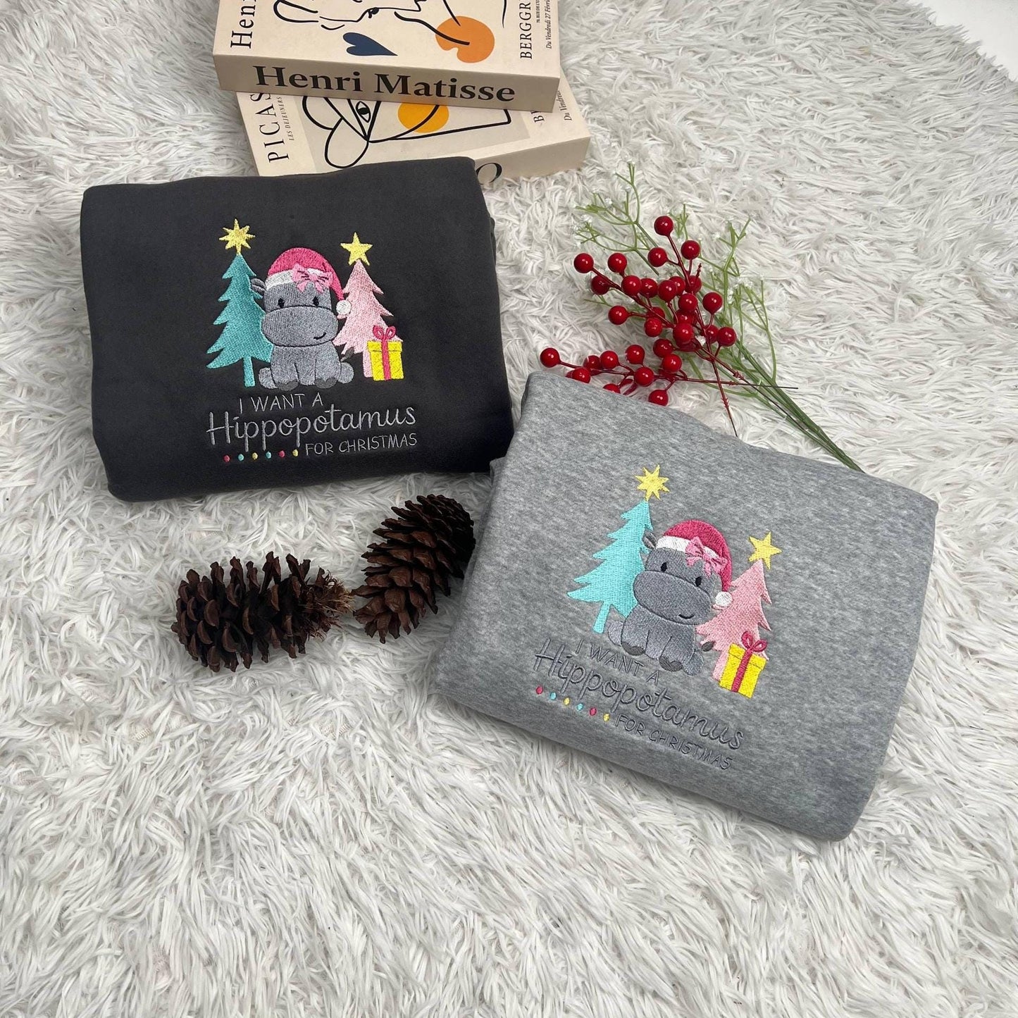 I Want A Hippopotamus For Christmas Embroidered Shirt, Cute Xmas Hippo Embroidery Sweatshirt, Holiday Gift Top