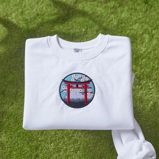 Sweatshirt Custom Japan Torii Gate Embroidered Sweatshirt, Cherry Blossom Crewneck, Mount Fuji Embroidery Gift