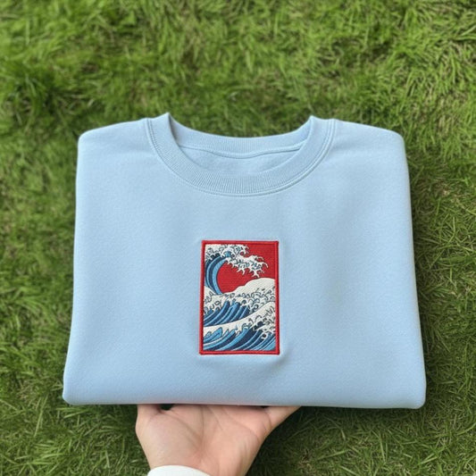 Sweatshirt Custom Great Wave Embroidered Sweatshirt, Japanese Wave Red Sun Patch Crewneck, Ukiyo-e Inspired Embroidery Gift