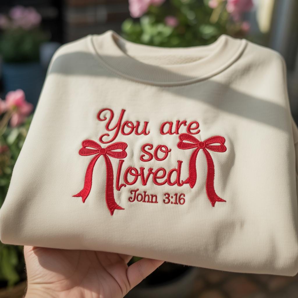 You Are So Loved John 3:16 Embroidered Sweatshirt, Valentine Christian Faith Crewneck, Bible Verse Love Gift, Religious Bow Tie Shirt