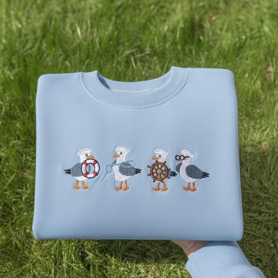Embroidered Seagull Sweatshirt, Coastal Bird Crewneck
