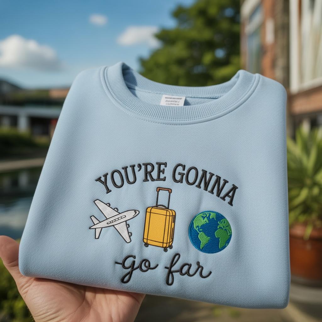 You’re Gonna Go Far Embroidered Sweatshirt: Travel Adventure Outfit, Travel Shirt, Adventurer Gift