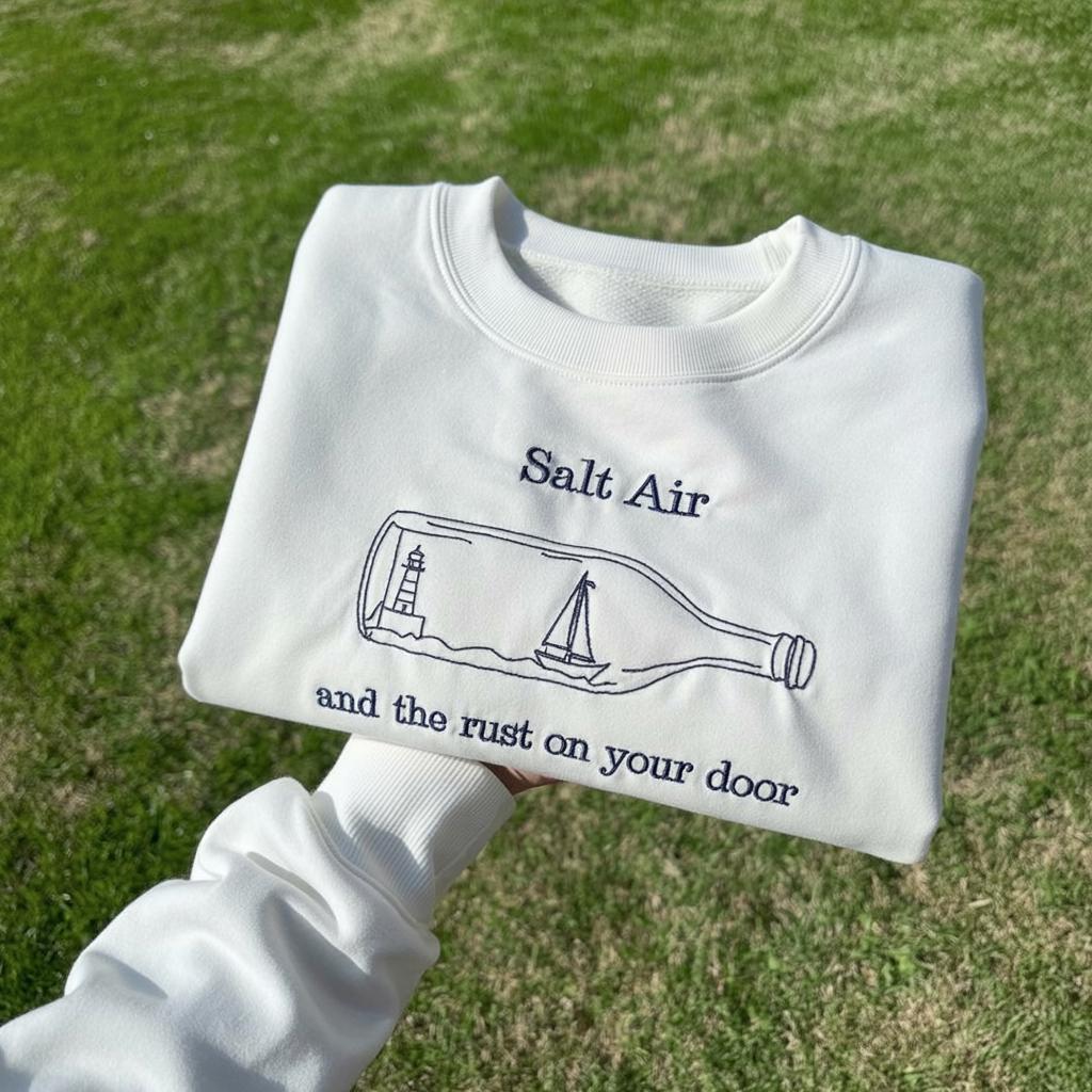 Sweatshirt Salt Air Embroidered Sweatshirt, Coastal Quote Crewneck, Lighthouse Sailboat Embroidery Gift