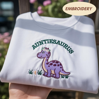 Auntiesaurus Embroidered Dinosaur Sweatshirt, Funny Auntie Shirt, Cute Dino Crewneck, New Aunt Announcement Gift, Saurus Dinosaur Shirt