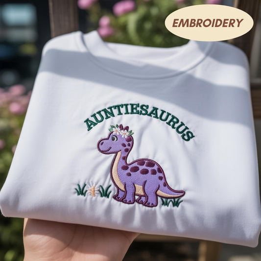 Auntiesaurus Embroidered Dinosaur Sweatshirt, Funny Auntie Shirt, Cute Dino Crewneck, New Aunt Announcement Gift, Saurus Dinosaur Shirt