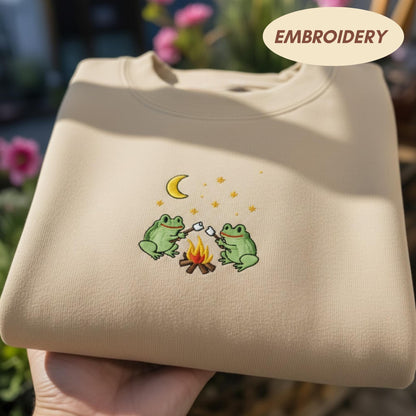 Embroidered Frog Campfire Sweatshirt, Frog Embroidered Shirt, Wildlife Nature Shirt, Mountain Hunting Crewneck, Forest Animal Gift Top