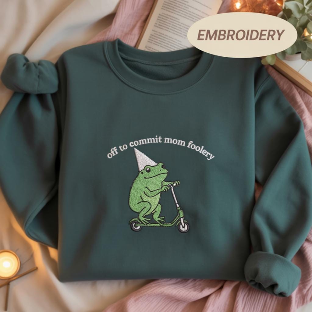 Mama Frog Embroidered Sweatshirt, Off to Commit Mom Foolery Shirt, Funny Frog Scooter, Gift For Mom, Pregnancy Announcement Sweatshirt